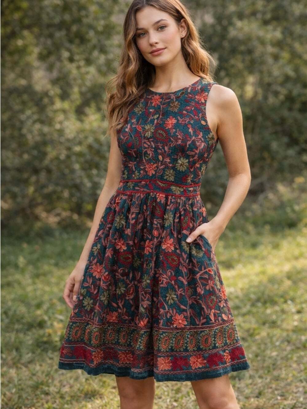 Adelyn‎ Rae embroidered floral sleeveless fit & flare dress boho cottagecore 2